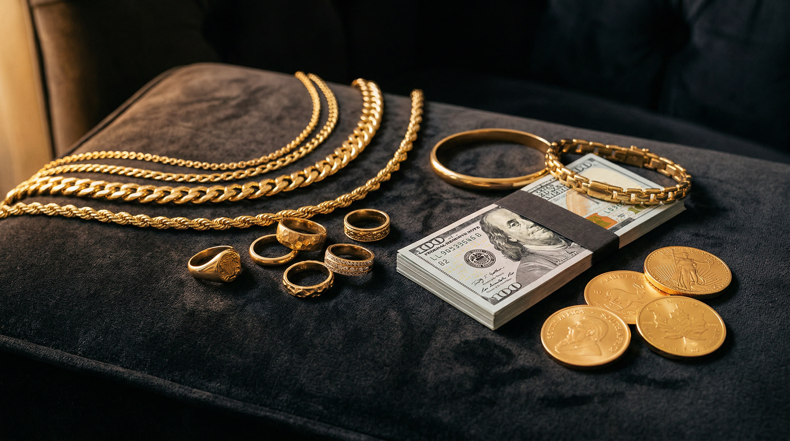 Gold jewelry, chains, rings, coins, and cash displayed on dark velvet